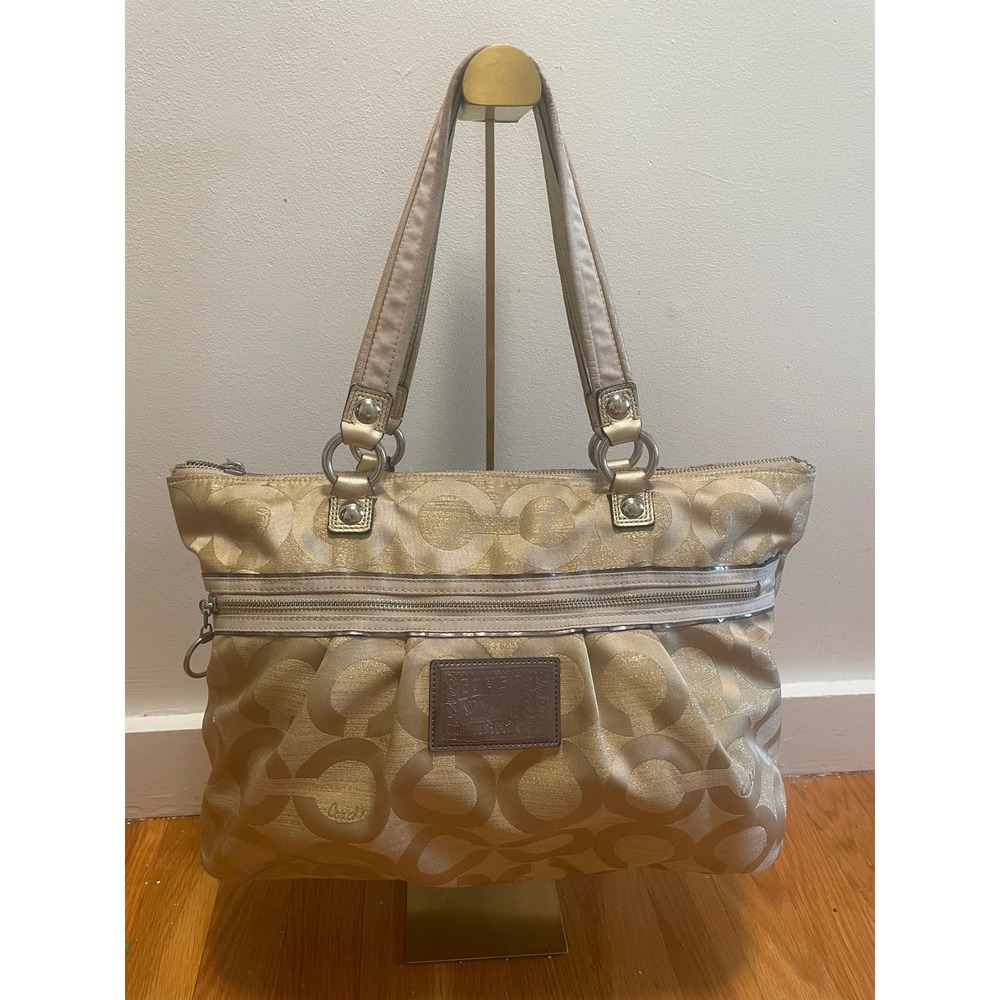 Coach Poppy Op Art Lurex Gold Signature C Tote Shoulder Bag 15865